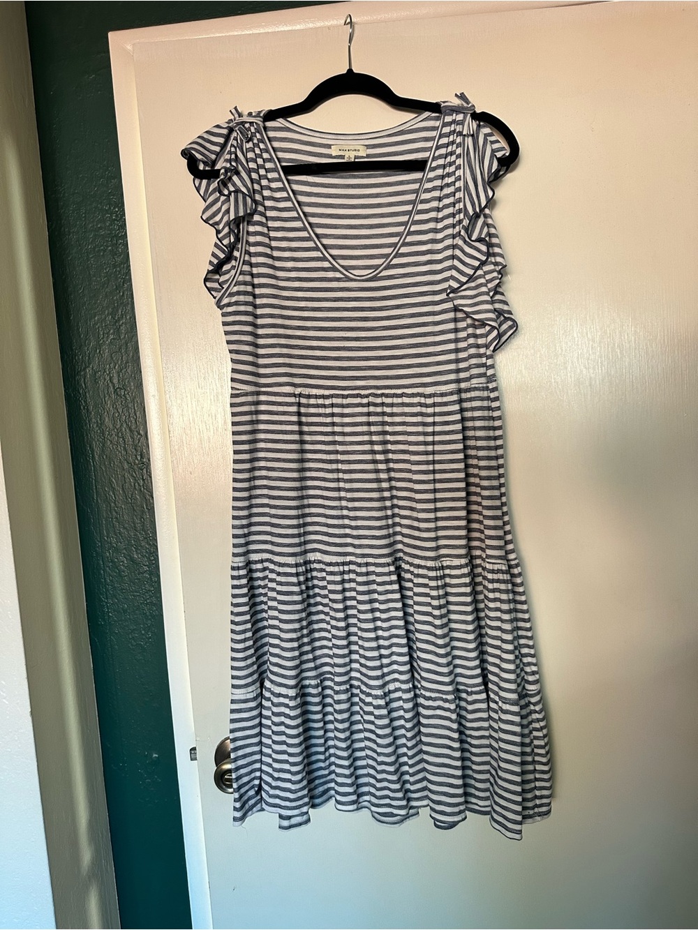Max Studio Midi Ruffle Sleeve Summer Dress - Gray/White striped